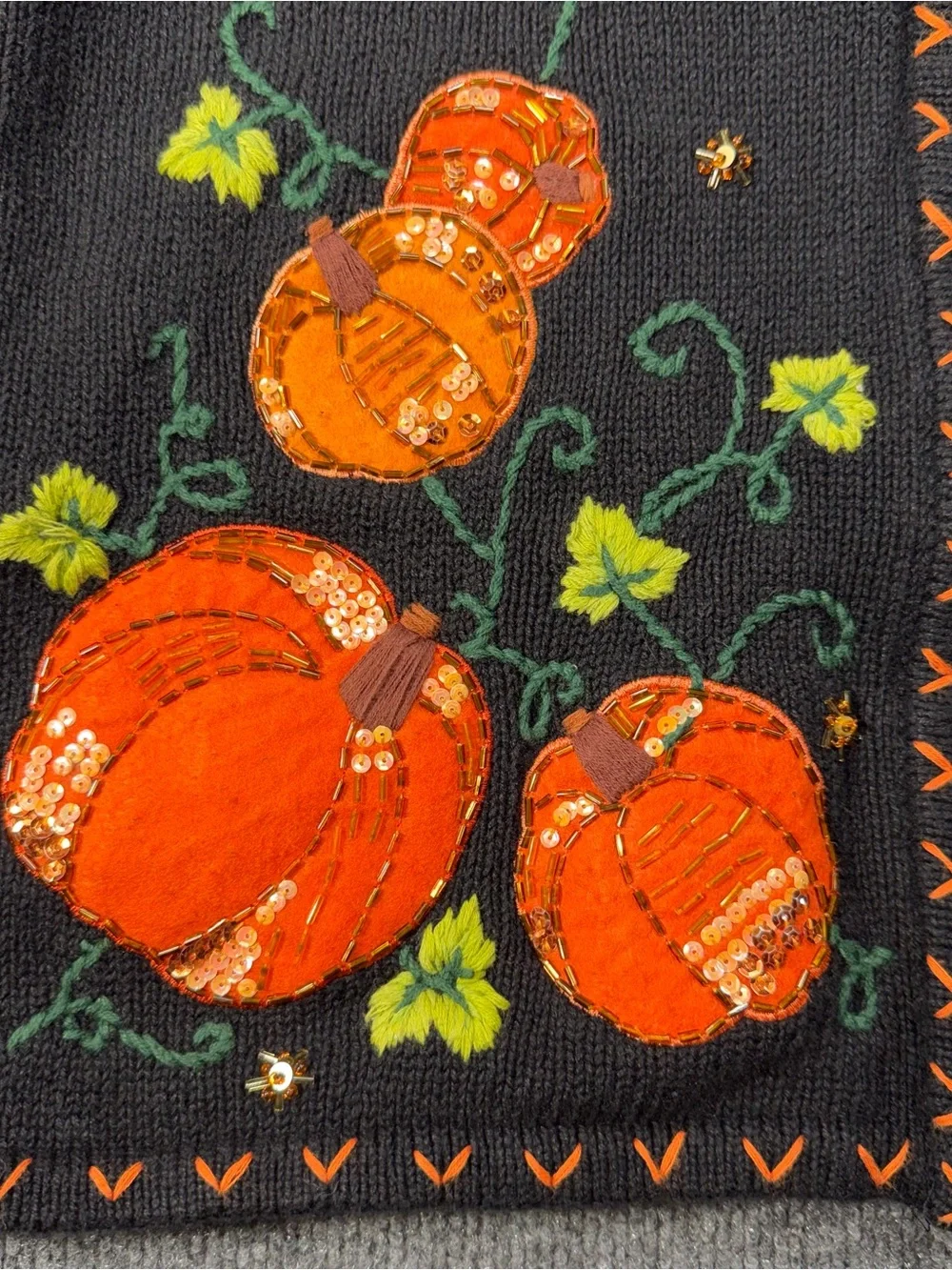 Vintage 90s White Stag Vest M Black Orange Pumpkin Halloween Sequins Ramie Zip